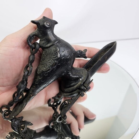 Antique Mughal Peacock Hanging Oil Lamp Bird Very Old. Bronze Or Brass - Picture 13 of 16